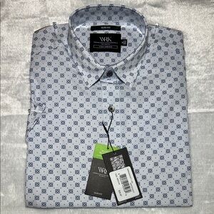 WRK Slim Fit White and Blue Geometric Dress Shirt